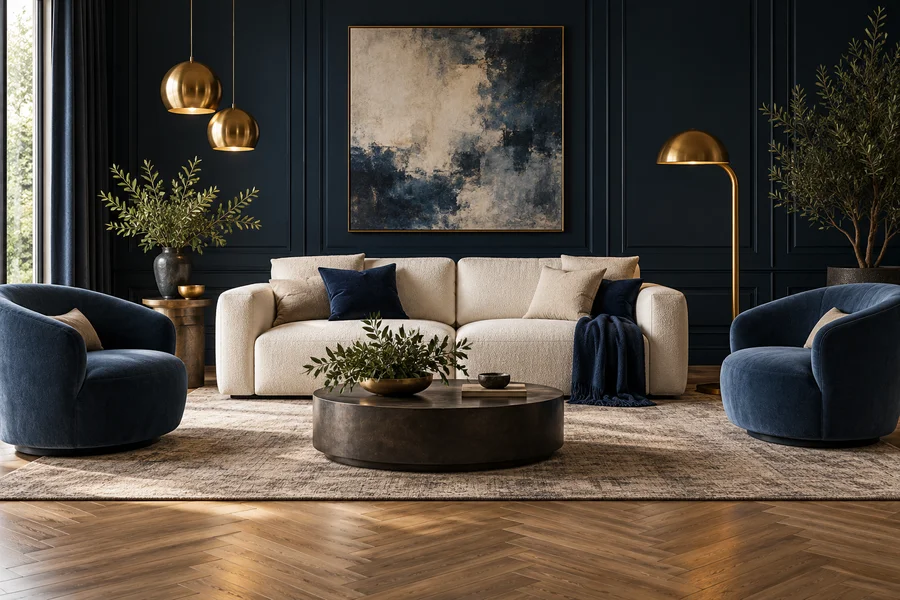 Sofá marfil y sillones azules en un salón oscuro decorado con esmero