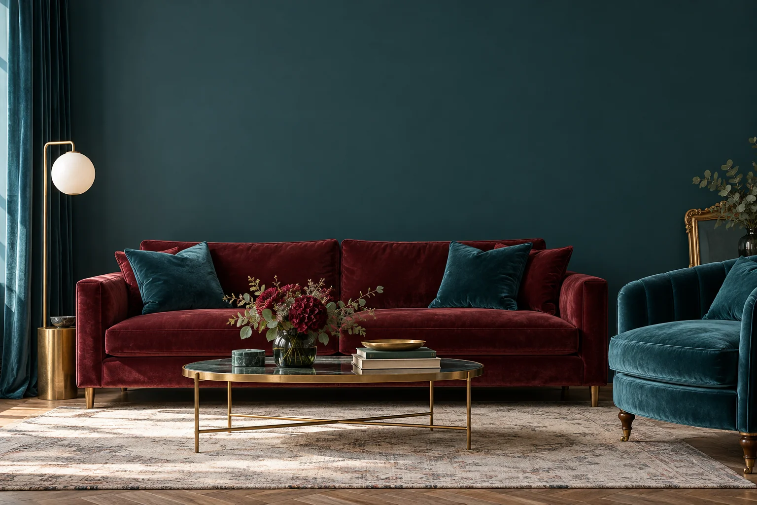 Sofá de terciopelo burdeos y sillón verde azulado en un elegante salón oscuro