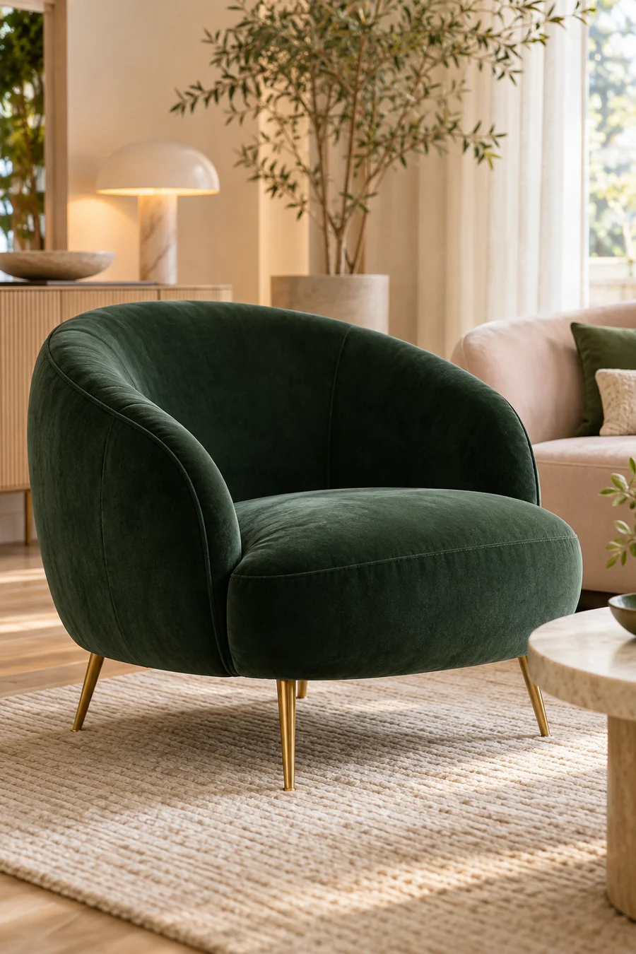 Detalle de un sillón tapizado en verde y su fina estructura de latón