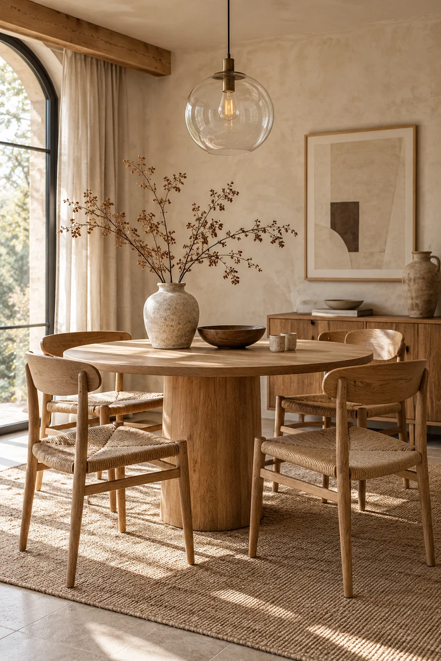Muebles de comedor de roble natural en un acogedor ambiente escandinavo